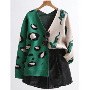 Green Beige Animal Print Button Down V-Neck Knit Cardigan